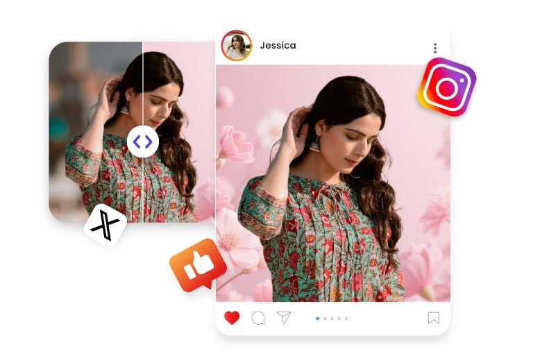 Use pxbee to change the background of a womans photo and share it on social media