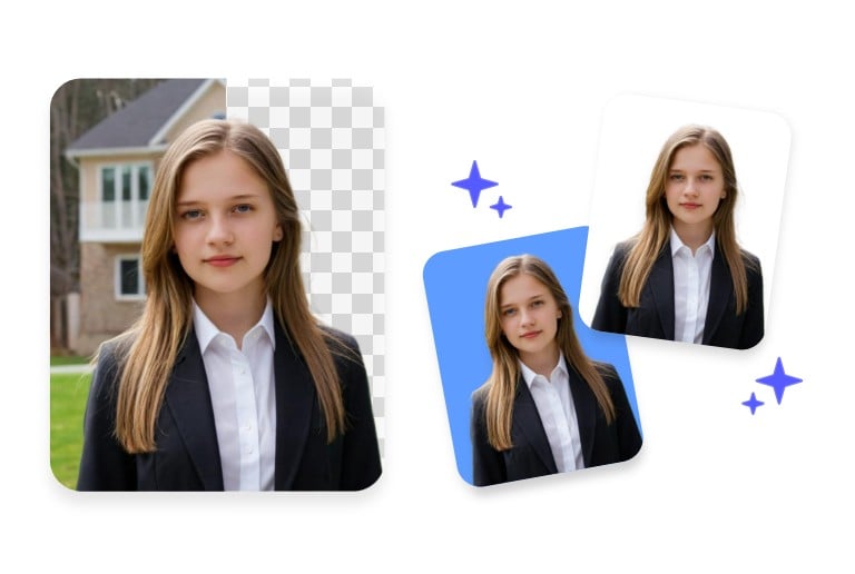 Use pxbee to change the background of a womans photo to a solid color and make a passport photo