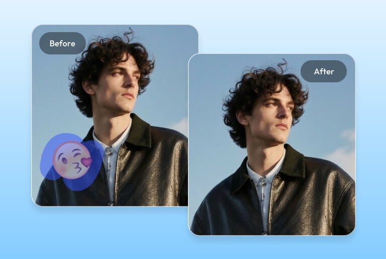 Use the magic brush to precisely select and remove an emoji from a photo of a handsome man