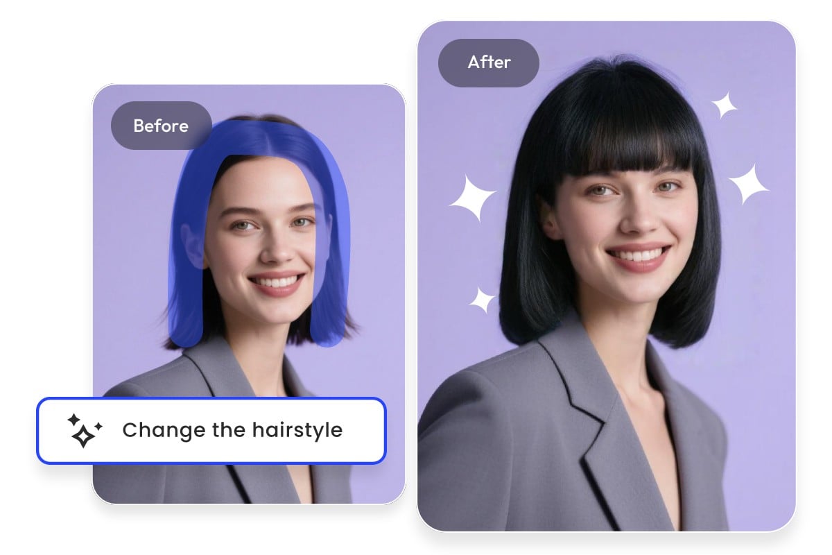 Add hair volume and bangs to a girl in gray suit with purple background