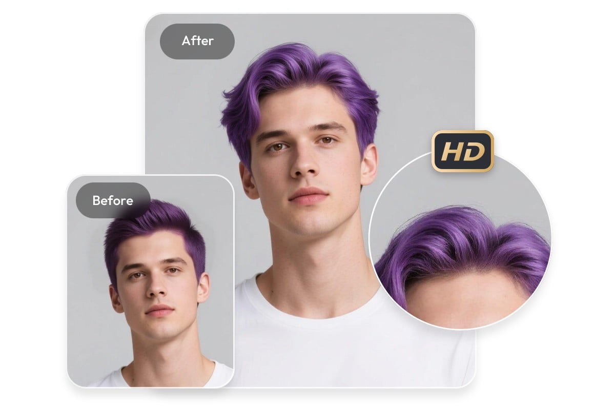 Change a mans short purple hair with realistic hair effects