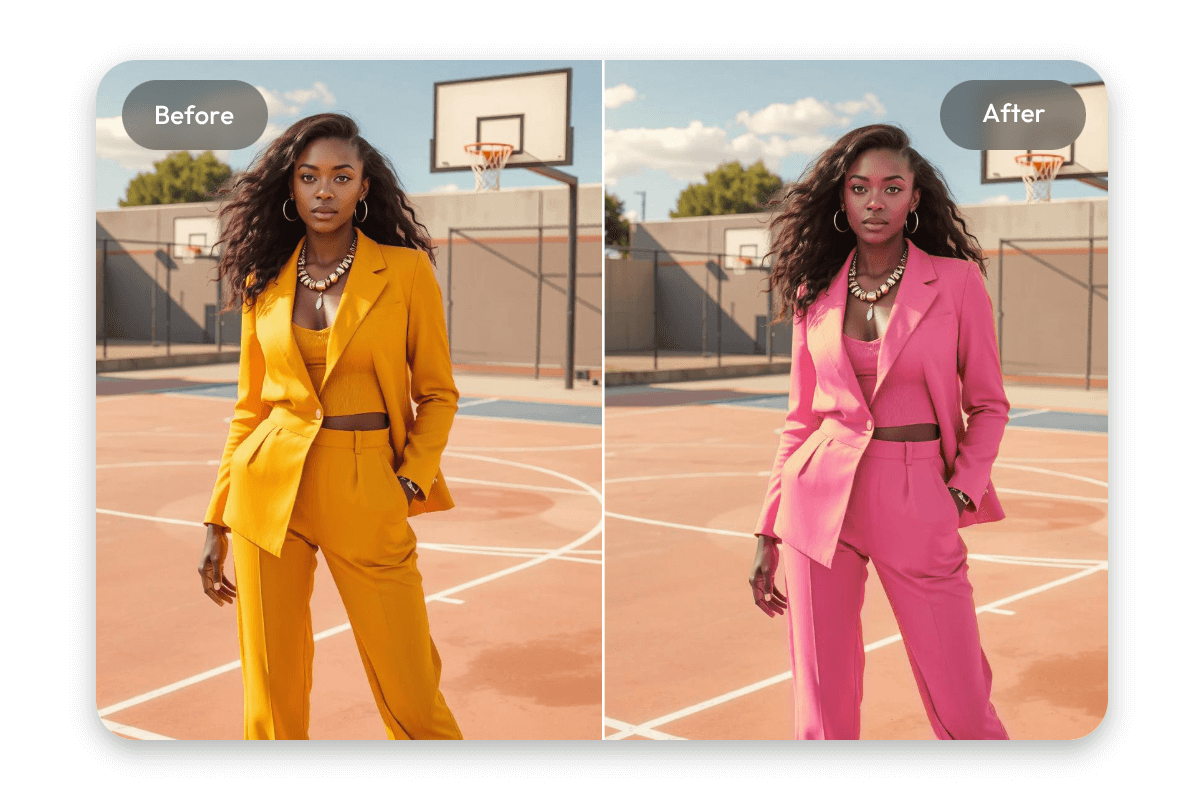 Change the outfit color of a black woman from yellow to pink