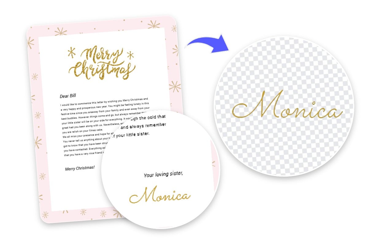 Reamove the white bg from a handwritten signature in a pink Christmas greeting letter