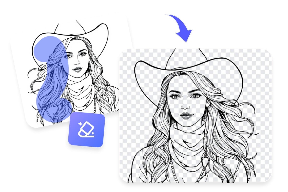 Remove all white from a line drawing of a beautiful girl lin cowboy hat