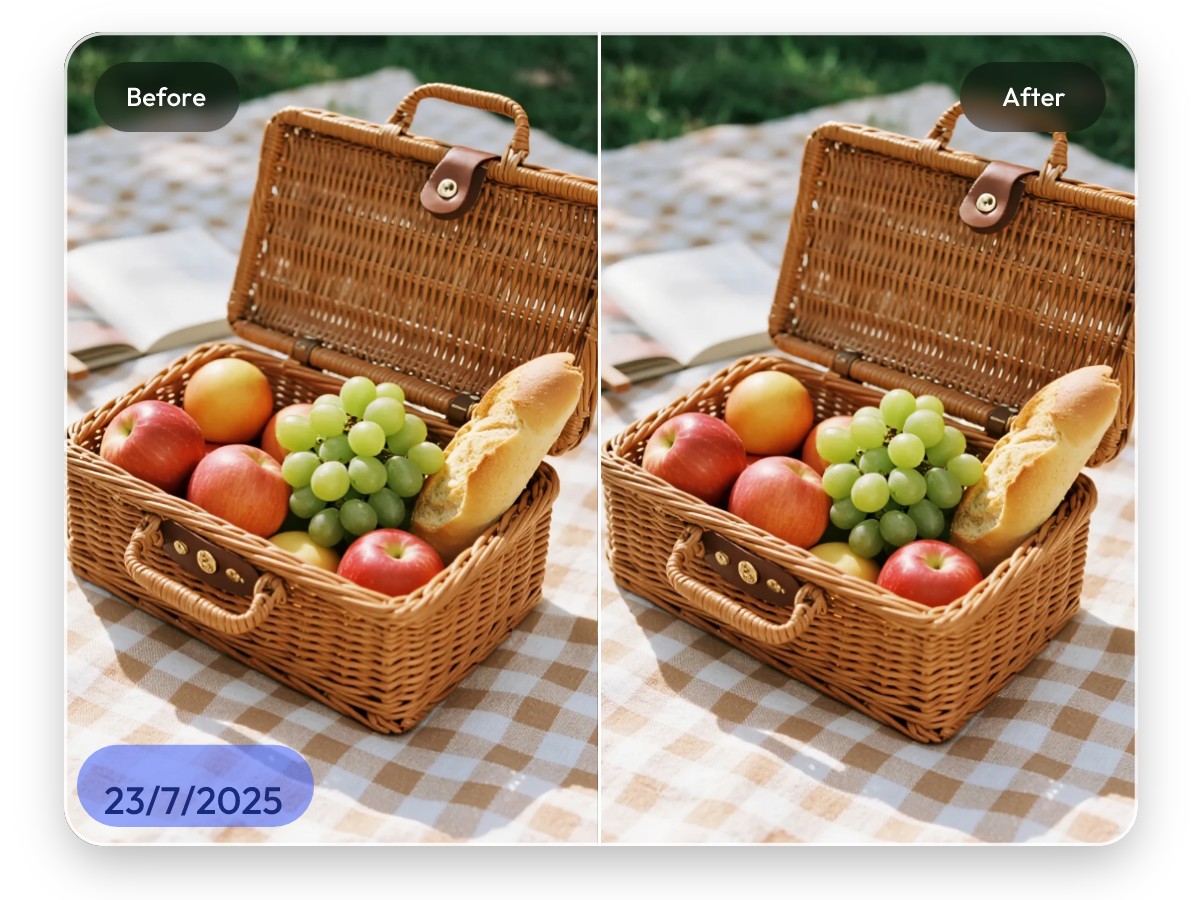 Remove date stamp from a picture of a fruit basket on a picnic mat