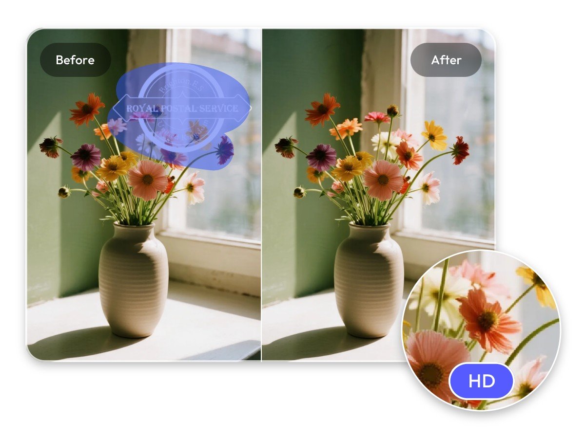 Remove the stamp covering the vase without damaging the original image