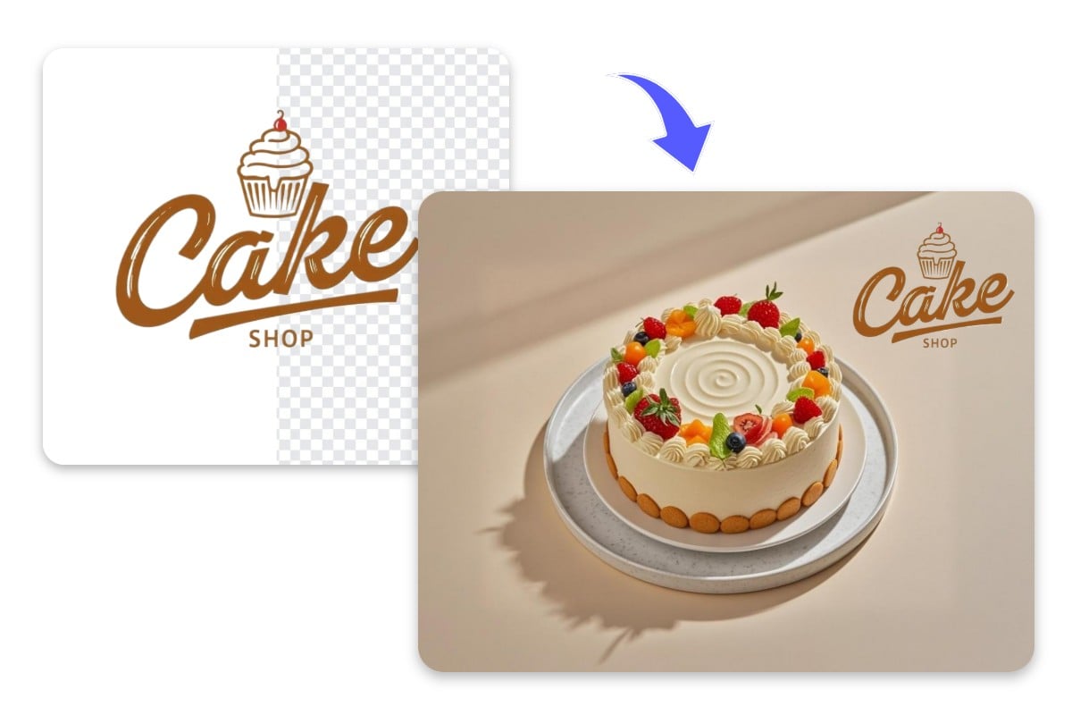 Remove the white background from a cake shop logo image and add it to a delicious fruit birthday cake image