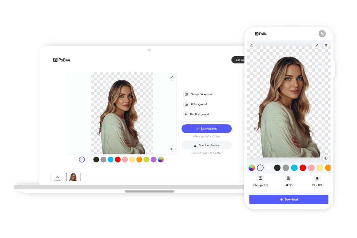 Remove the white background from an image of a girl in a white sweater with long yellow curly hair on both your phone and computer with pxbee