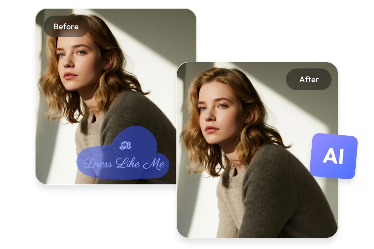 Remove watermark stamp from photo of a girl with short curly blonde hair in a gray sweater with pxbee photo stamp remover