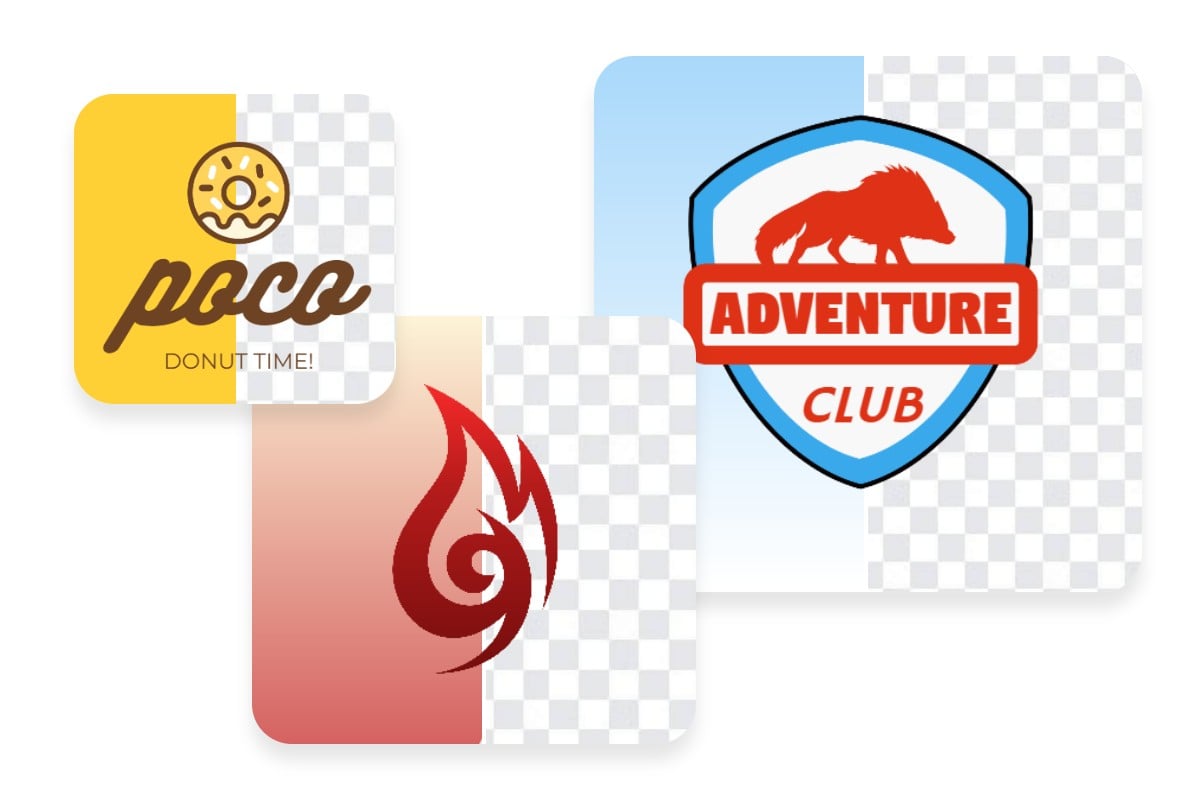 Show three different types of logo background removal including a yellow donut conbination mark a blue boar adventure club emble and a red flame logo