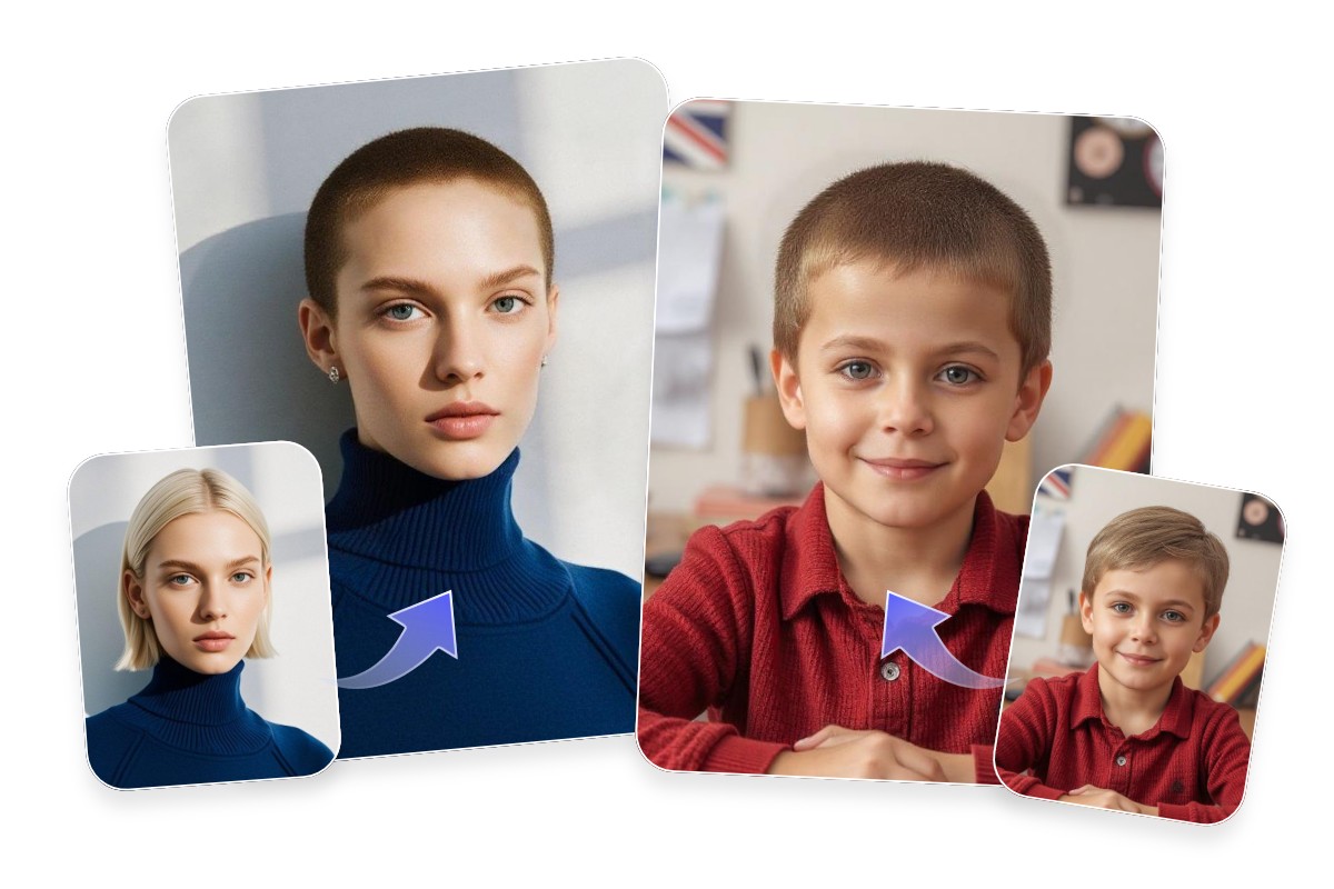 Turn a woman with short golden hair wearing a blue sweater and a little boy wearing a red shirt into a buzz cut