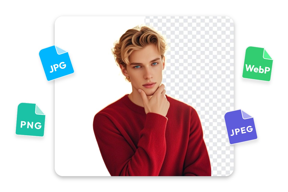 You can remove white bg from an image of a handsome man in red top in any fromat incoluding jpg pngwebp and jpeg