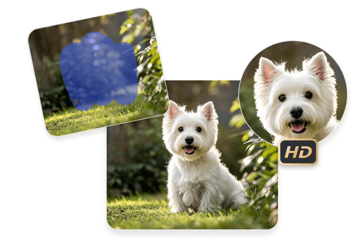 Add a white dog to the grass photo while preserving image quality