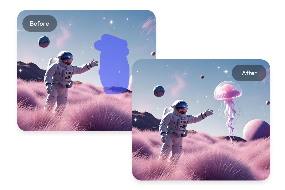 Add flying jellyfish to a fantasy photo of an astronaut