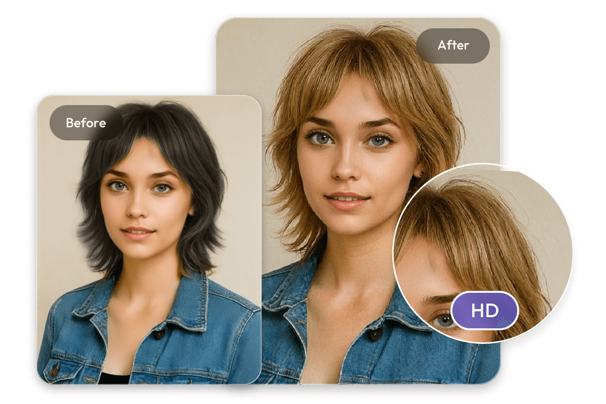 Change the color of a girls hair from black to brown and export the image in hd