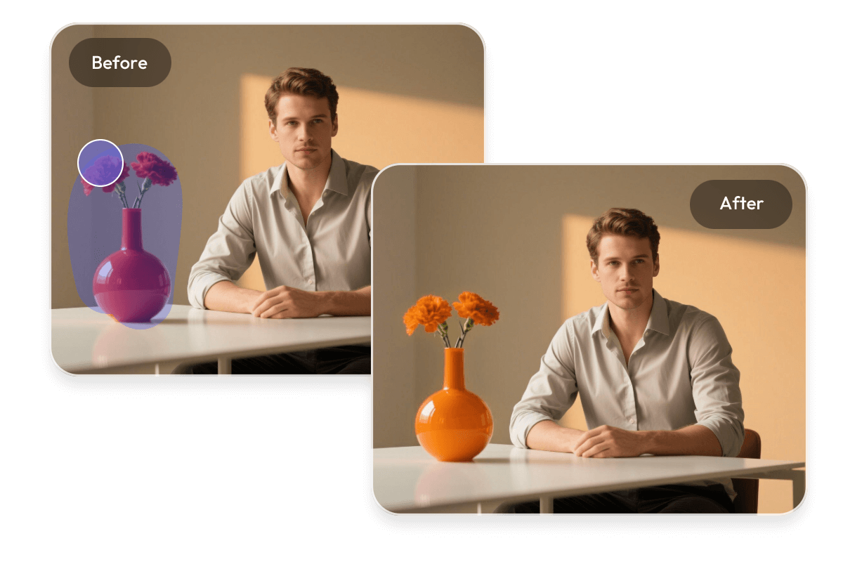 Change the color of a vase on a table form red to orange in a picture of a man