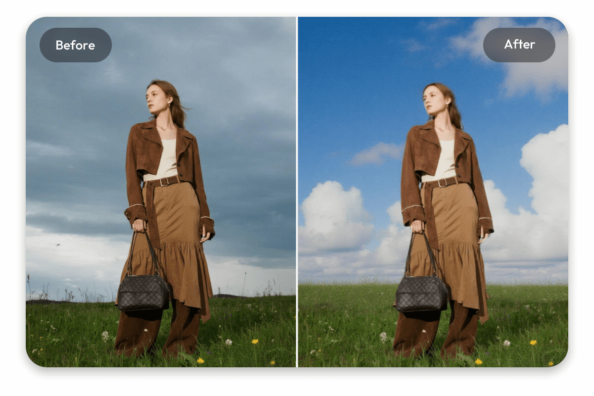 Change the gloomy sky to a bright sunny sky in a photo of a full body lady holding a black bag