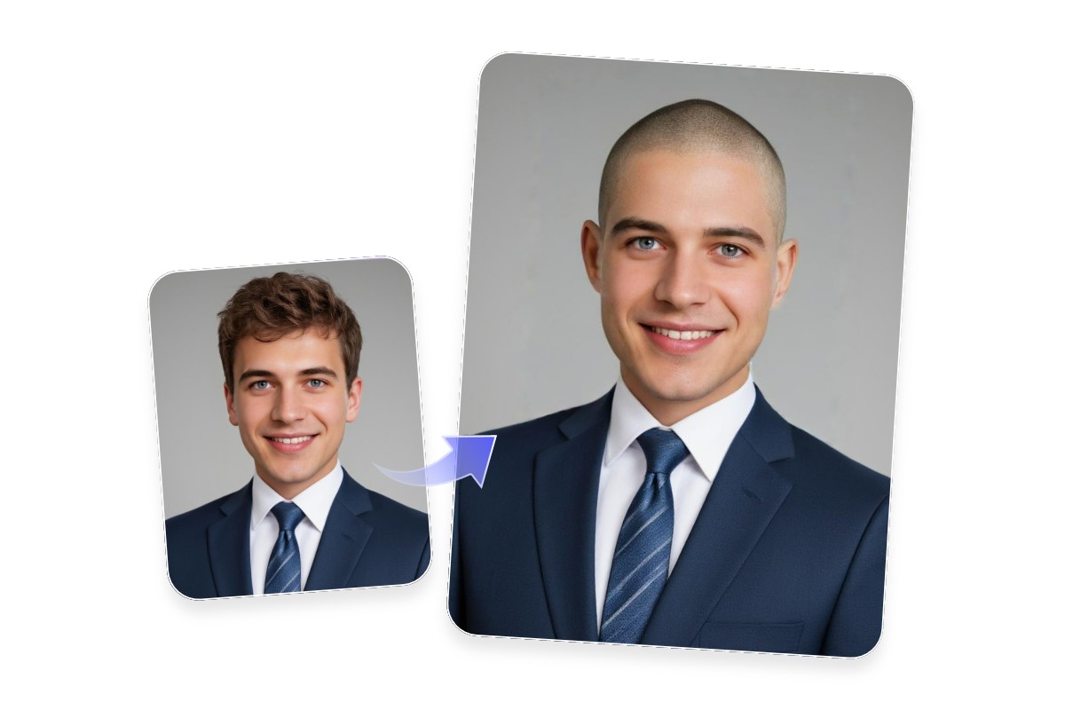 Change the haistyle of a man wearing a deep blue suit to buzz cut