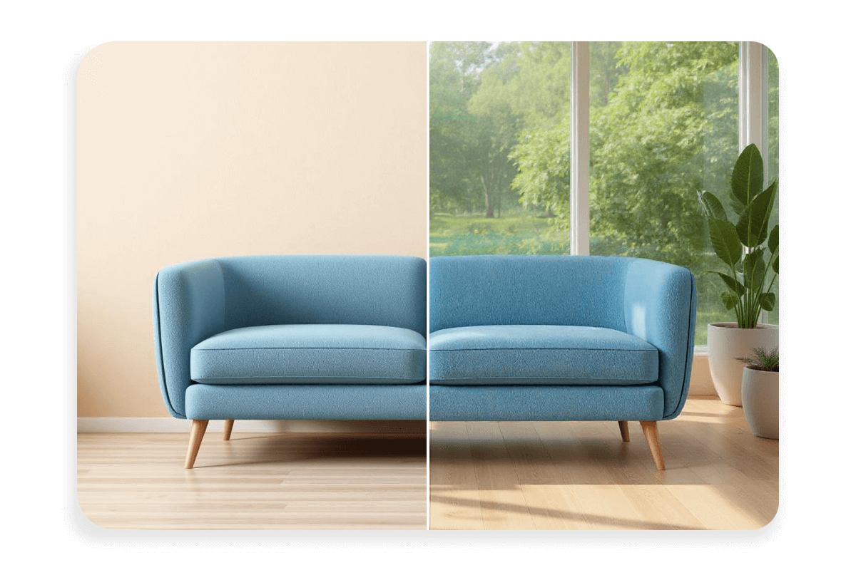 Change the original bg of a blue sofa photo to an ai bg
