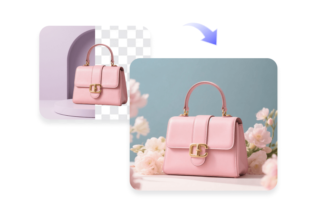 Change the original bg of a pink bag product to an ai bg