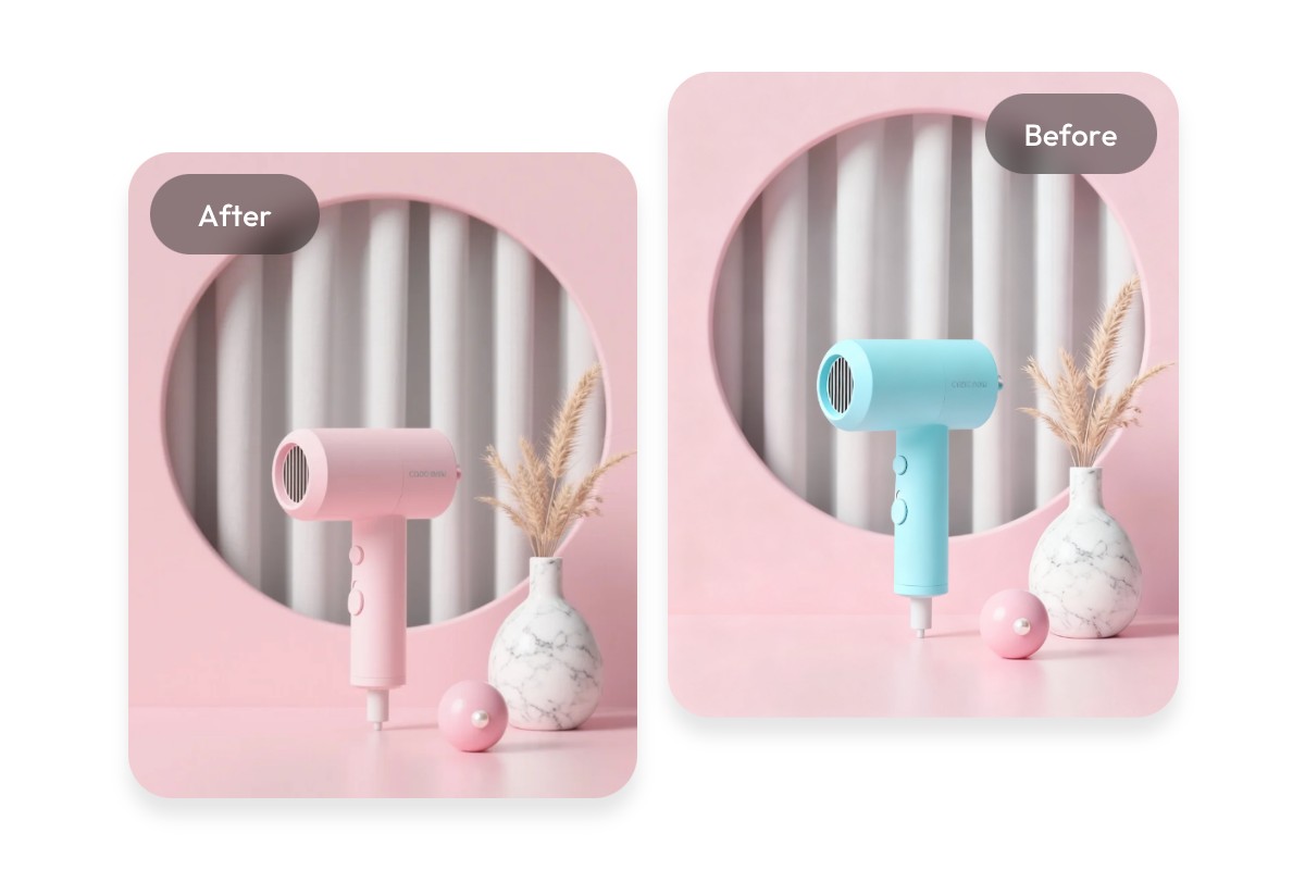 Change the pink hair dryer in an image to blue