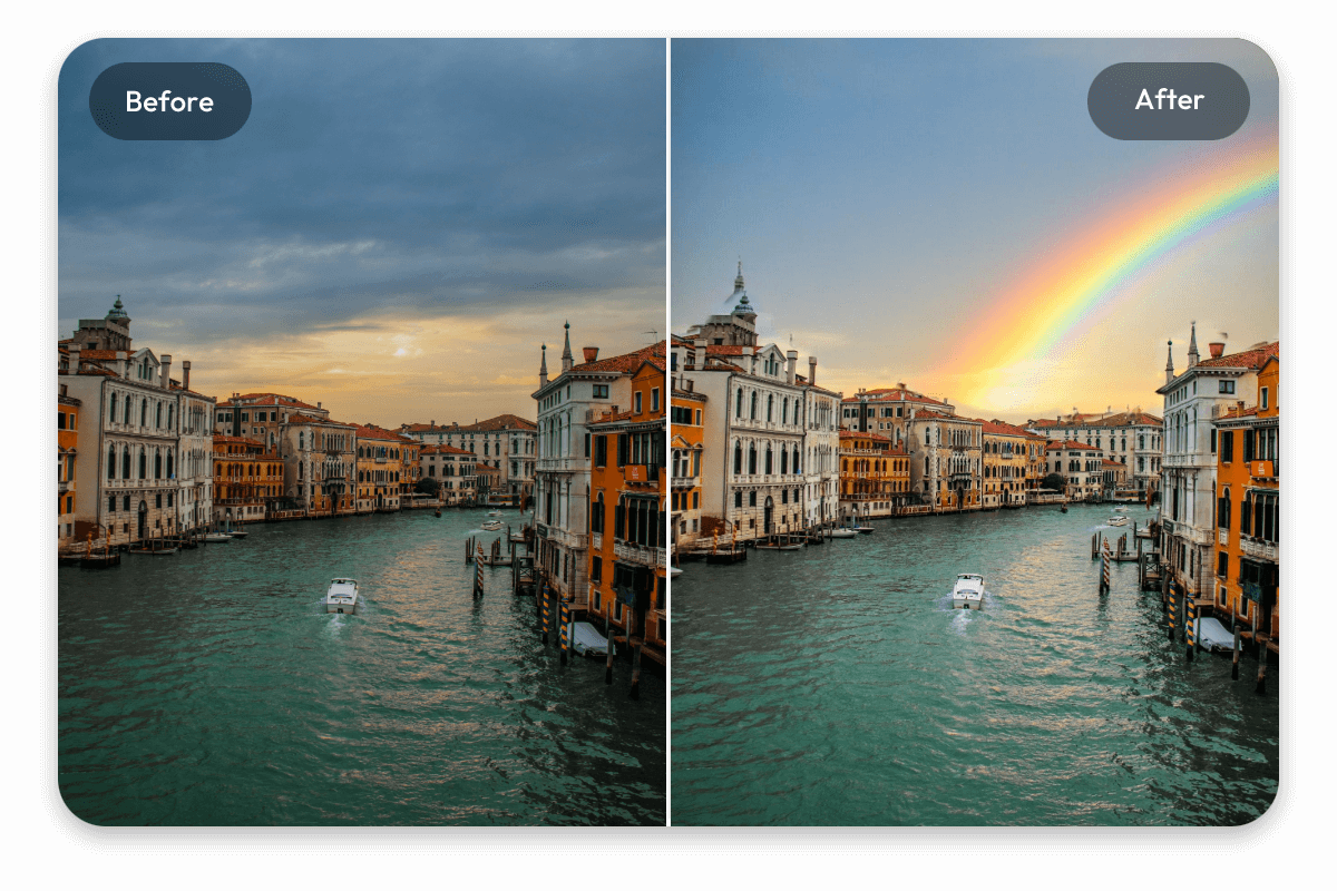 Change the sky of a photo of a venice block to change its vibe