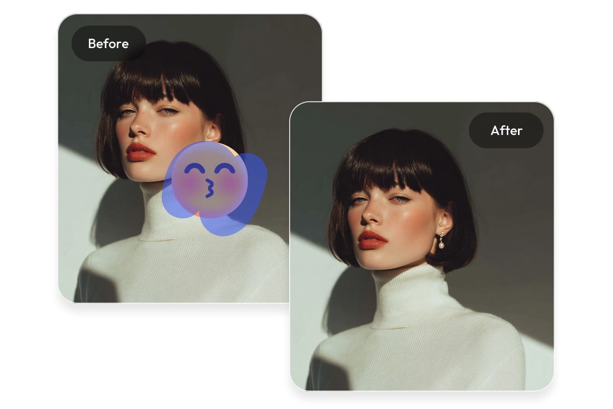 Remove a face emoji from a image of a female with short hair