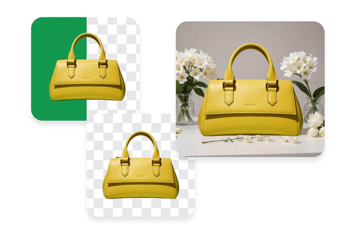Remove green screen from a yellow bag image and change to a new background