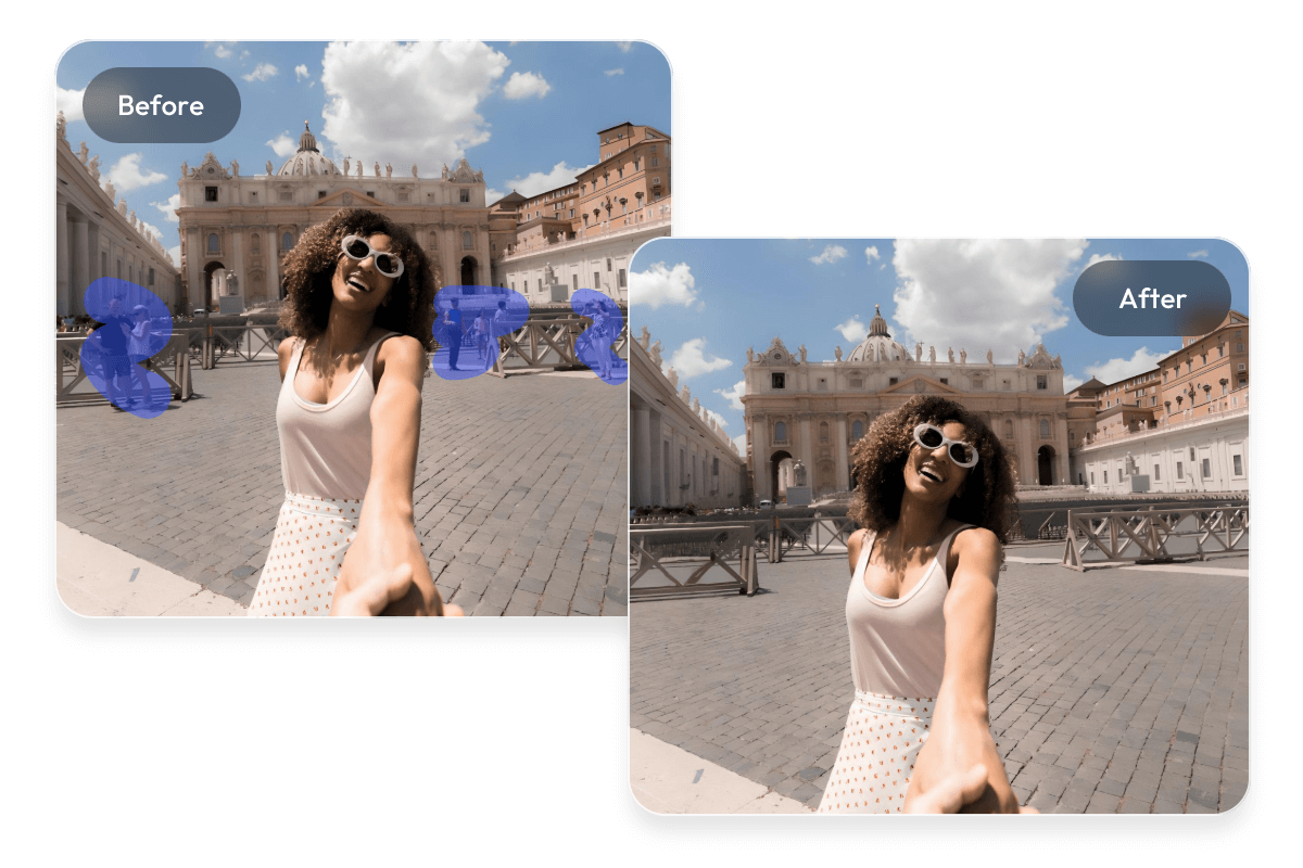 Remove multiple people from a selfie of a lady in front of a tourist site