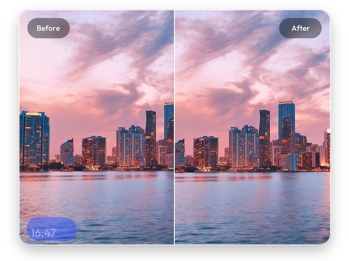 Remove stamp from photo of the night view of a riverside city under a pink sky