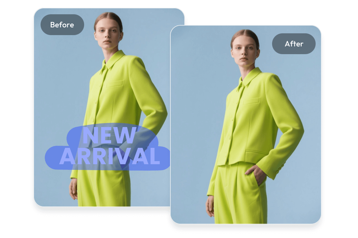 Remove text from a phot of a lady in a green suit