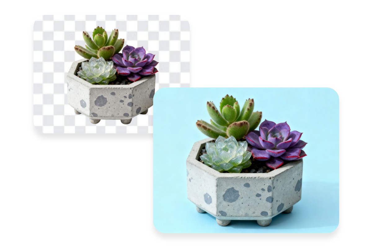 Remove the background color from a potted plant image and change it to blue