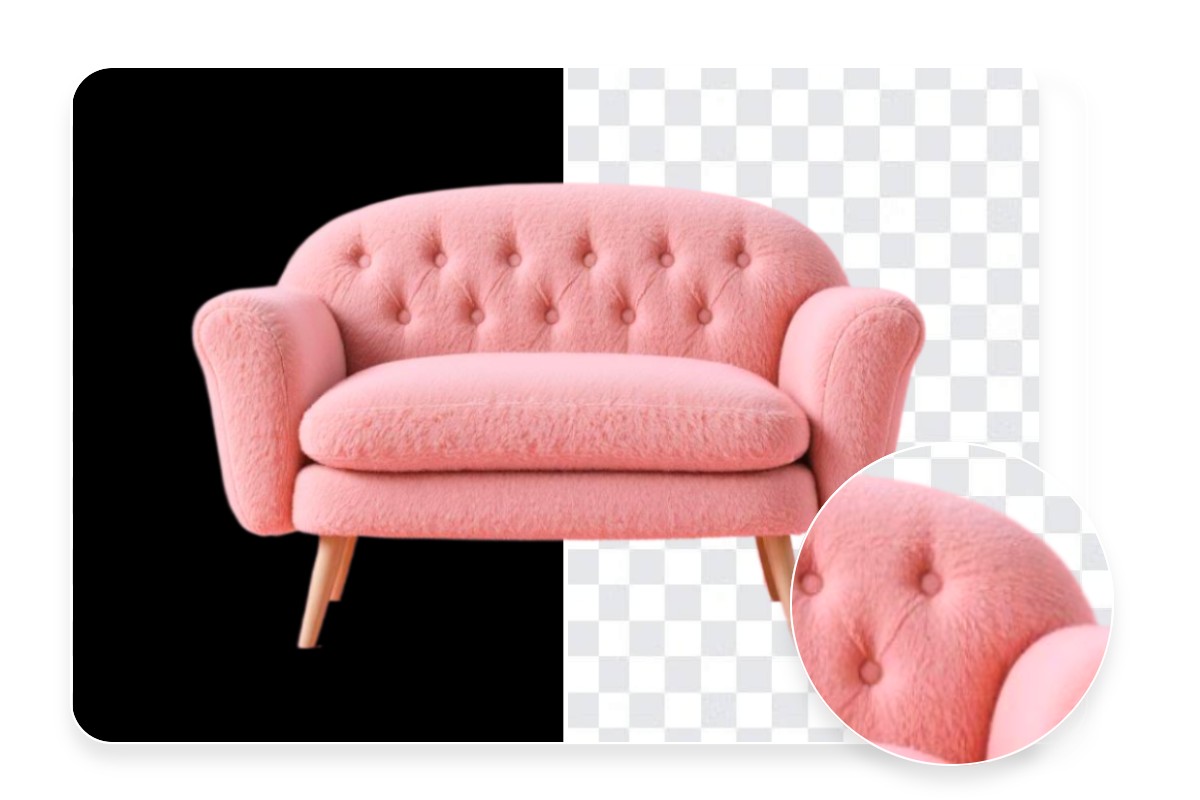 Remove the black background from a pink sofa image without losing quality