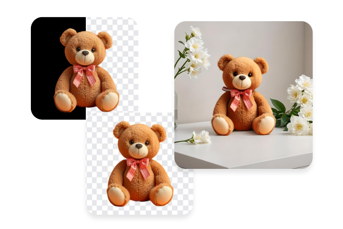 Remove the black background from a teddy bear image and change it to another background