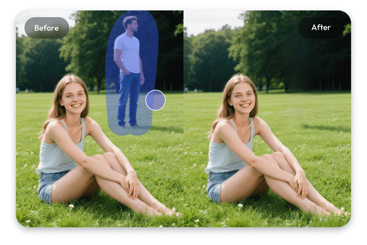 Remove the boy in the background of a photo of a lady sitting on the grass