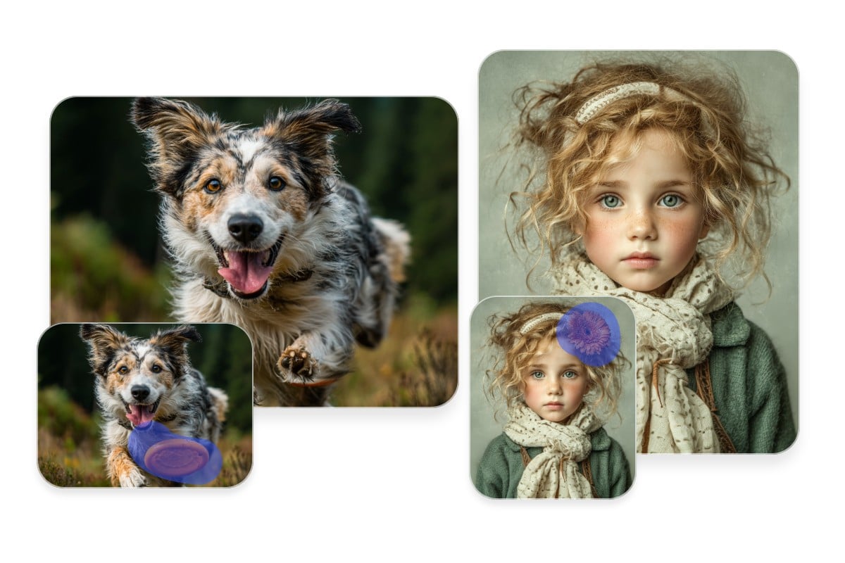 Remove the frisbee from a photo of a puppy and remove the headpiece from an artistic photo of a girl
