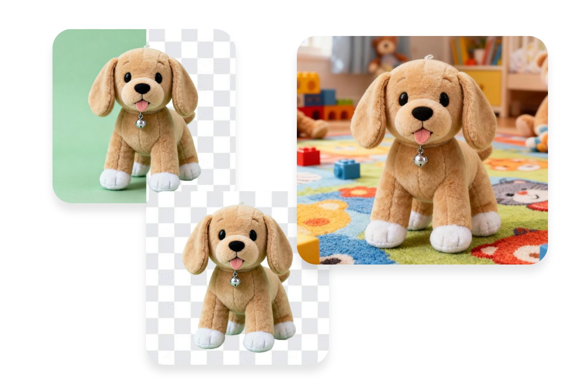 Remove the green background from an image of a puppy toy and replace it with a real life background