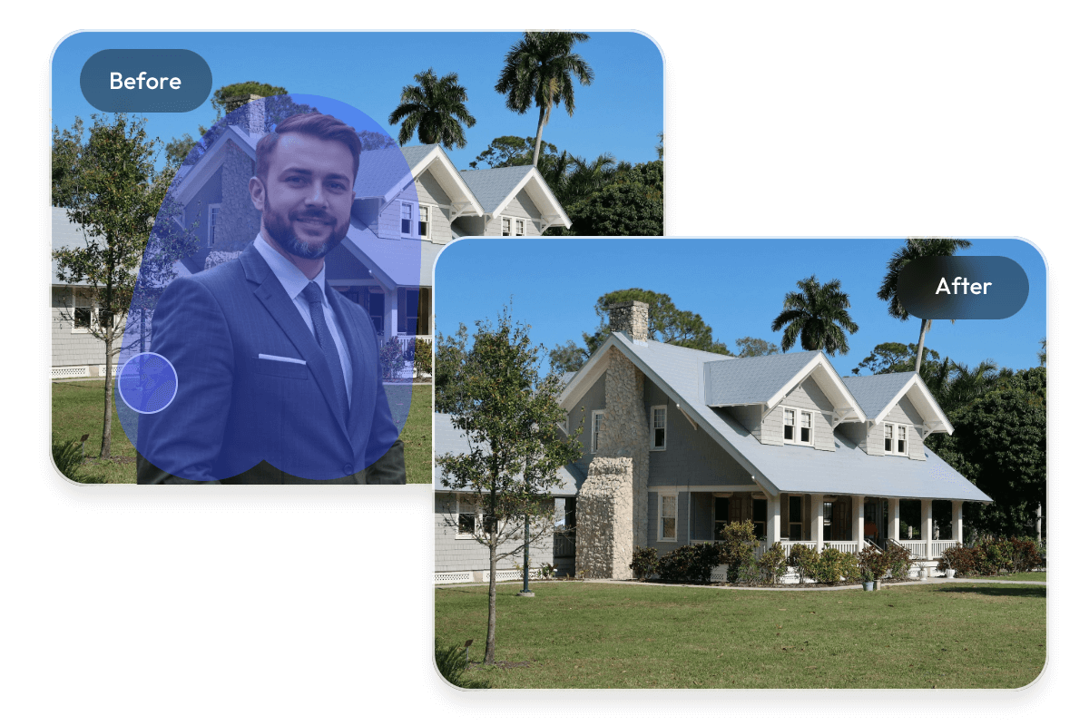 Remove the real estate agent man from a pic of a housing property