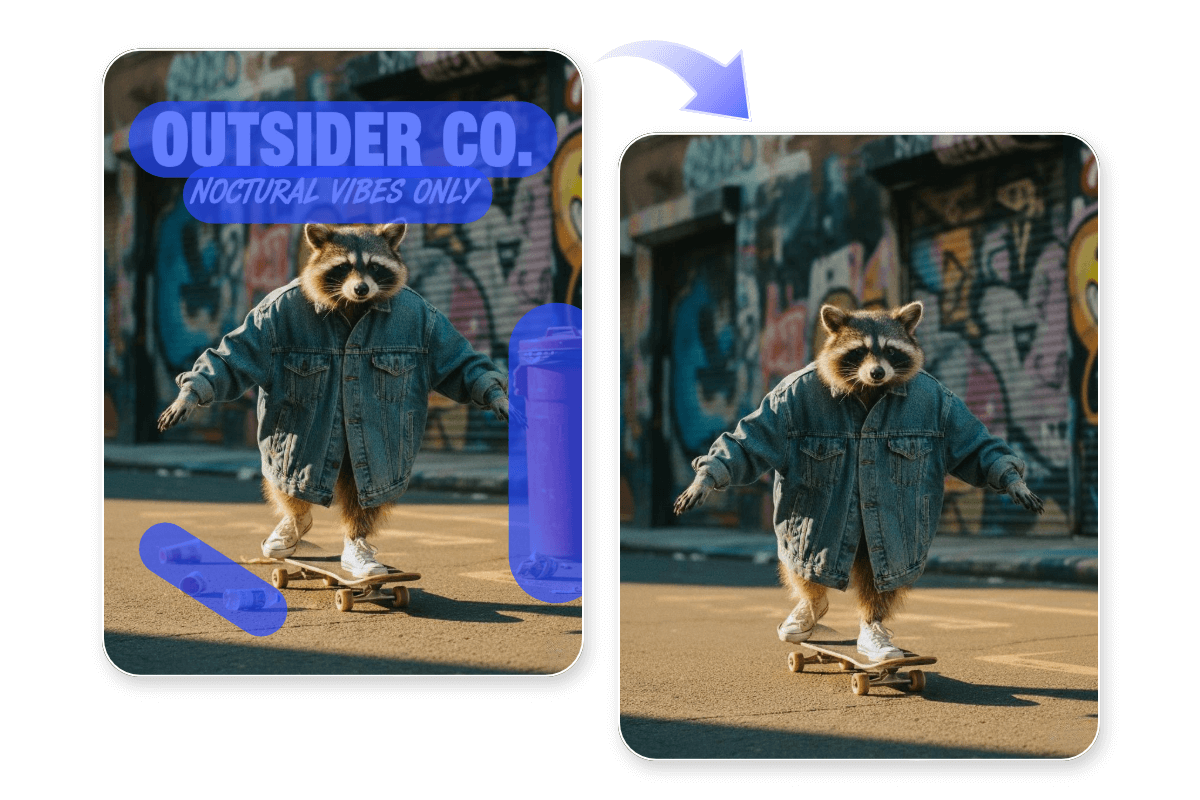 Remove unwanted content from a skating racoon picture with magic eraser
