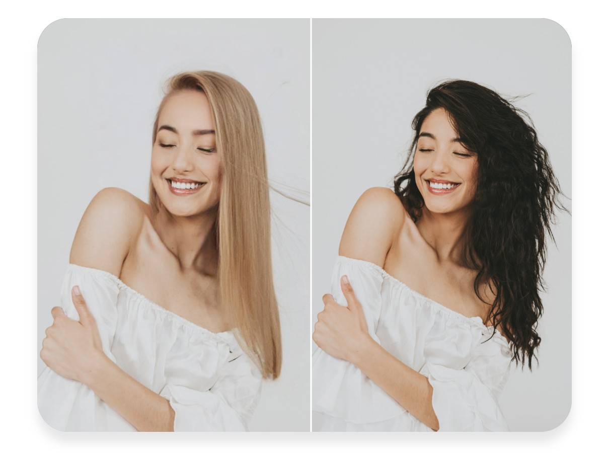 Replace a portrait photo of a woman with long blonde hair with black curly hair