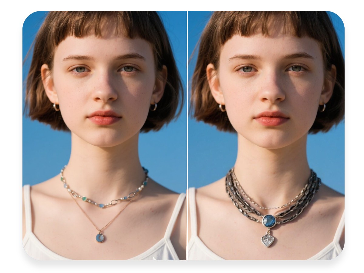 Replace accessories in a portrait photo of a short haired woman