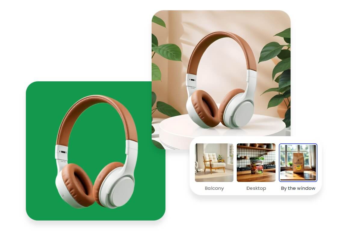 Replace green screen background of a headphone image with ai backgrounds