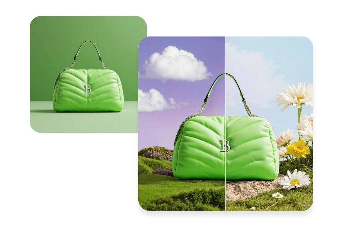 Replace the background of a product photo of a green bag with a different real scene
