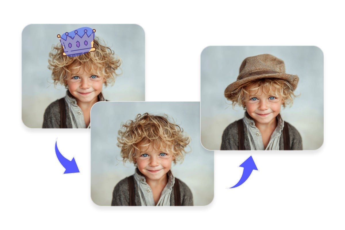 Replace the crown in a photo of a child with a hat