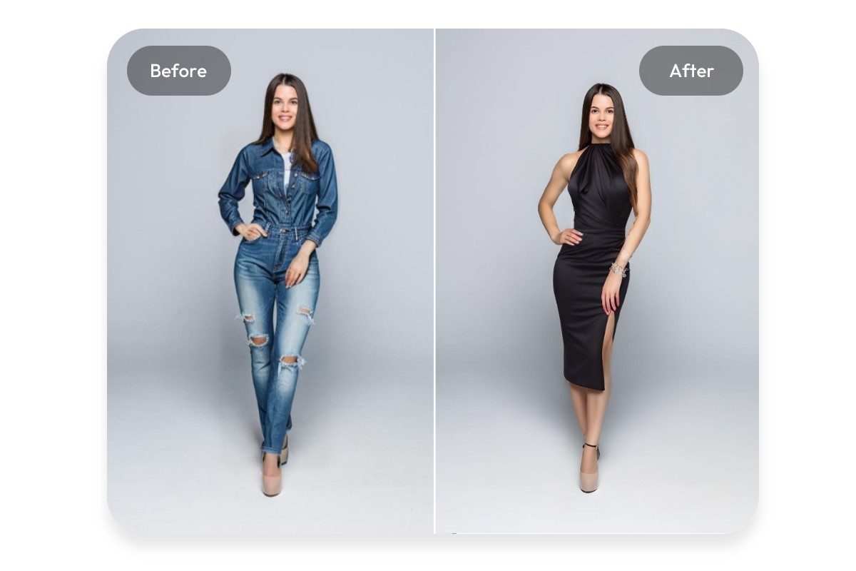 Replace the woman denim outfit in a photo with a black long dress