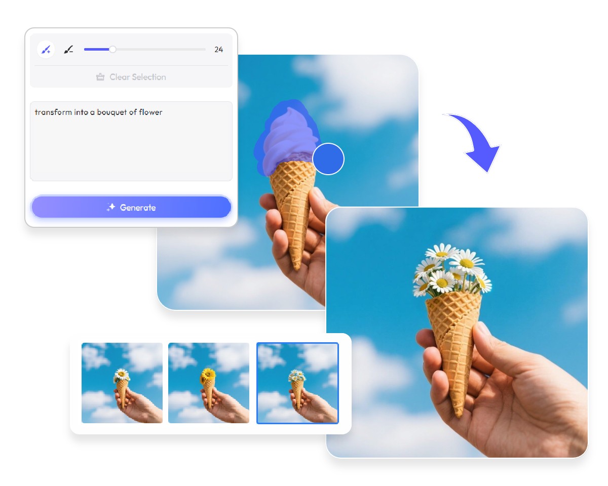 Steps to replace ice cream in an image with various flowers in pxbee