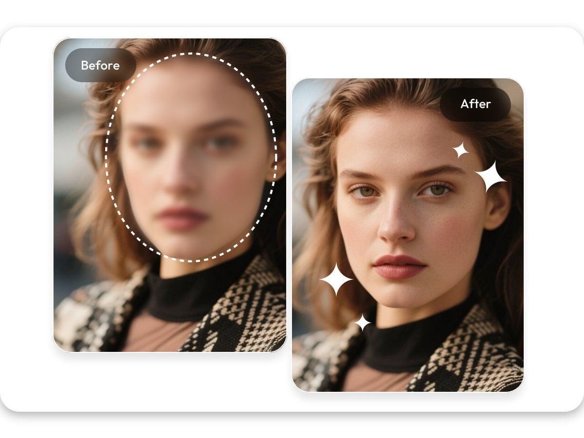 The before and after effect of using pxbee to unblur a photo of a beautiful woman