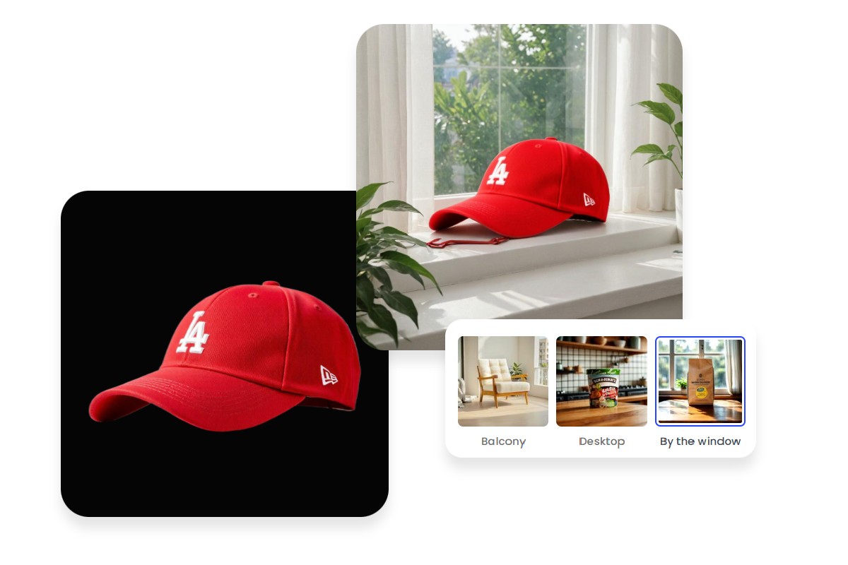 Use ai backgrounds to change the black background of a red hat image