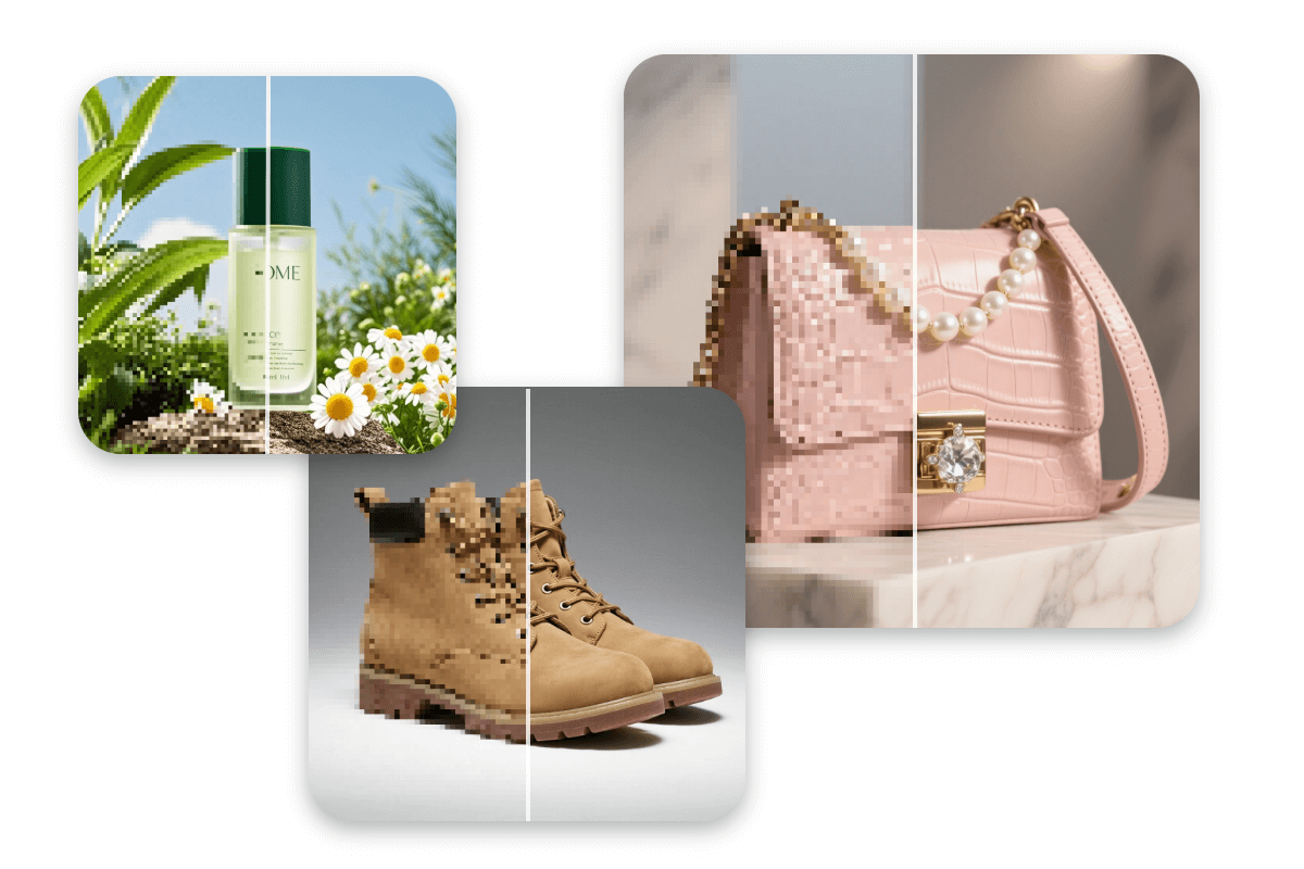 Use pxbee to fix pixelated pictures of a cosmetic product a pair of shoes and a bag