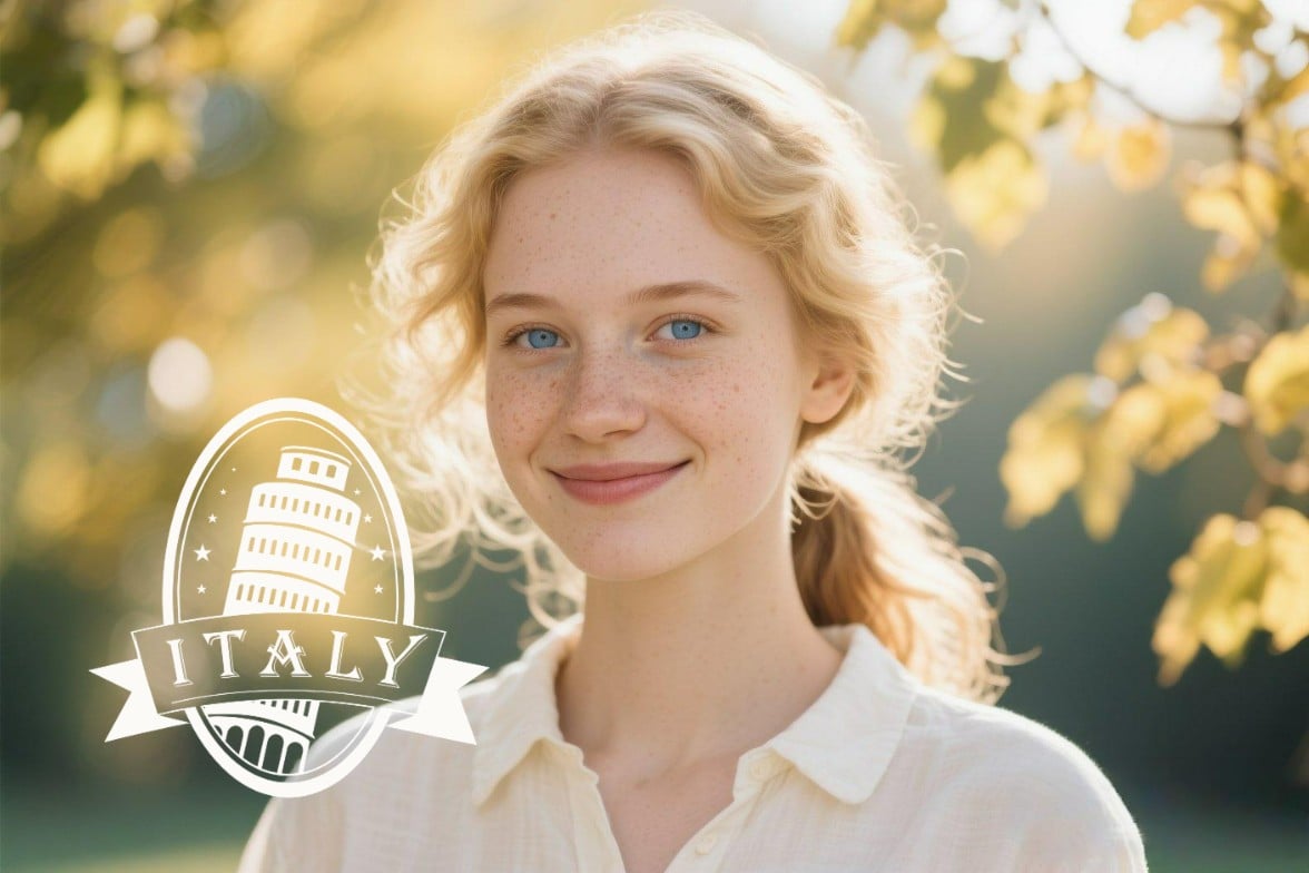 A photo of a girl with blonde curly hair wearing a white blouse has a stamp with the word Italy on it